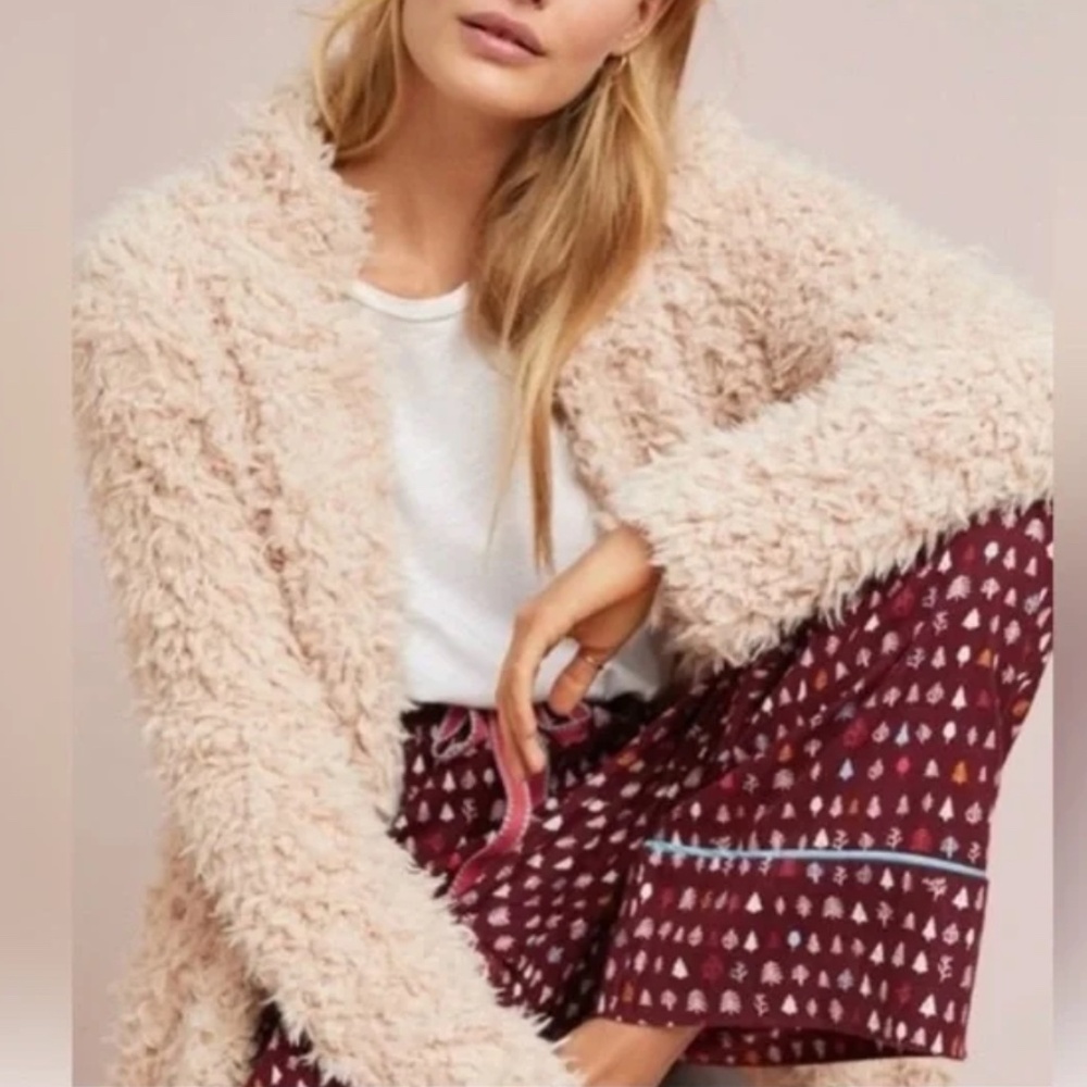 Anthropologie Bishop + Young Cozy Pink Teddy Sherpa Cardigan Jacket SZ S